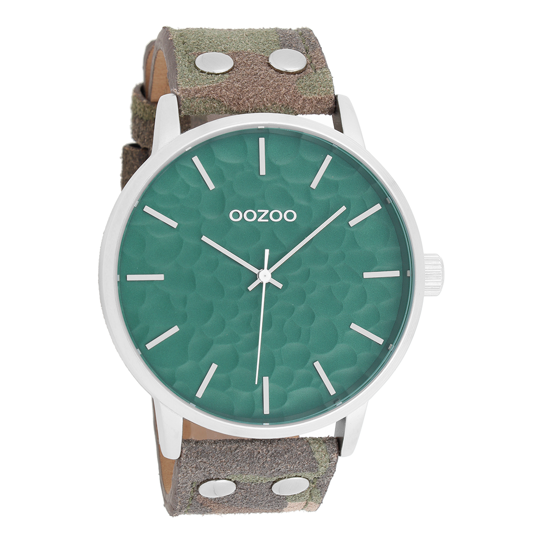 Silver coloured OOZOO watch with camouflage leather strap - C10460