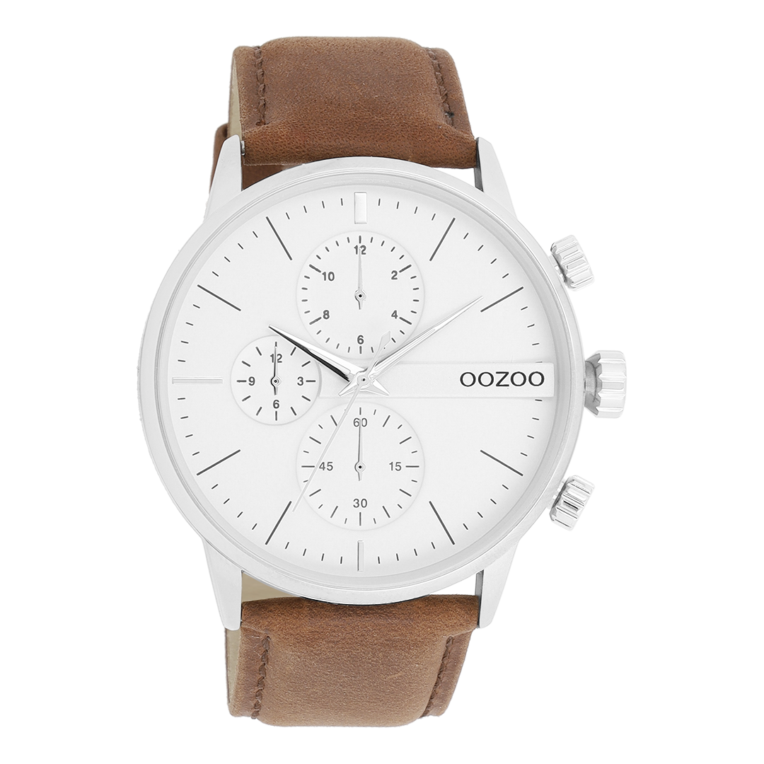 Zilverkleurige OOZOO horloge met bruine leren band - C11220