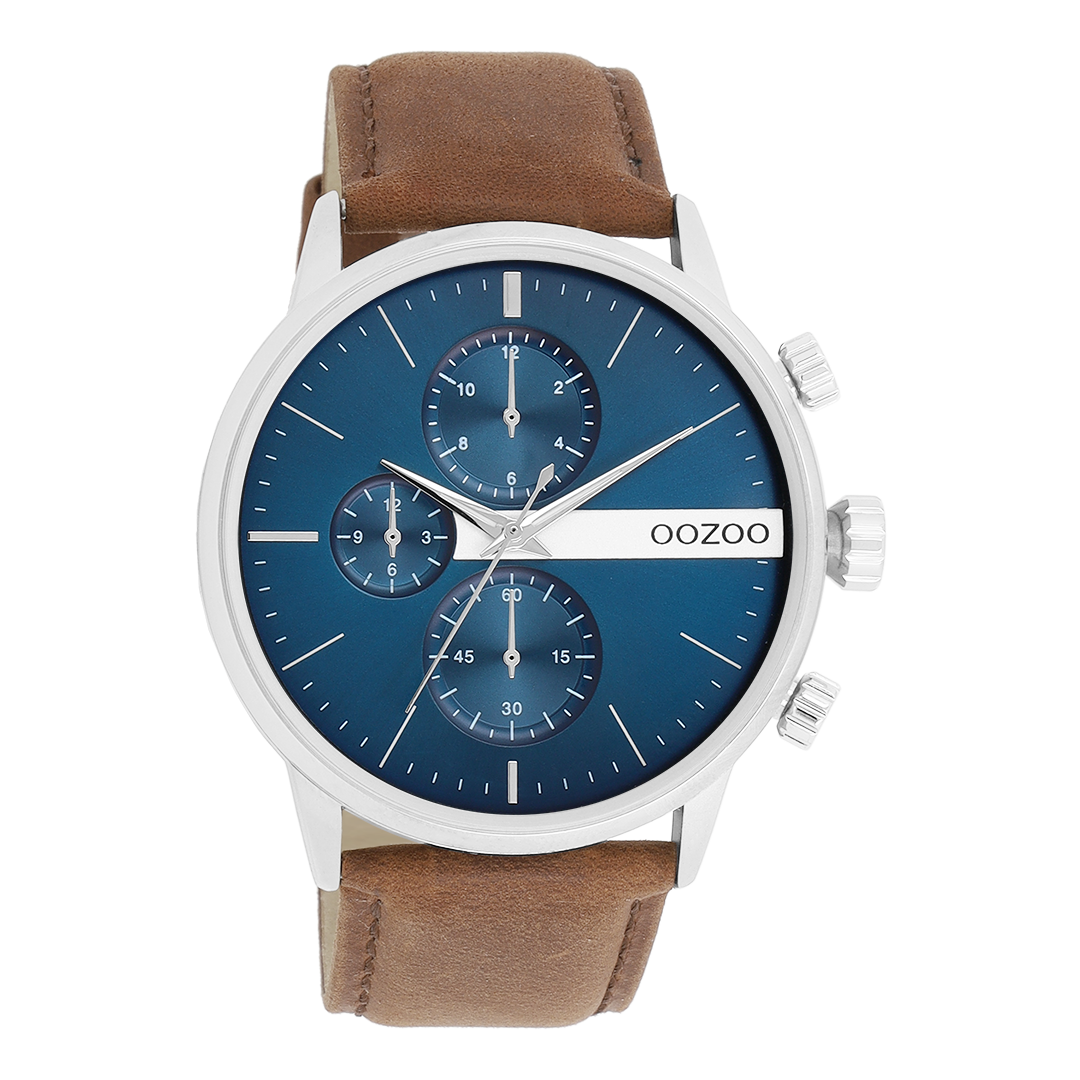 Zilverkleurige OOZOO horloge met bruine leren band - C11221