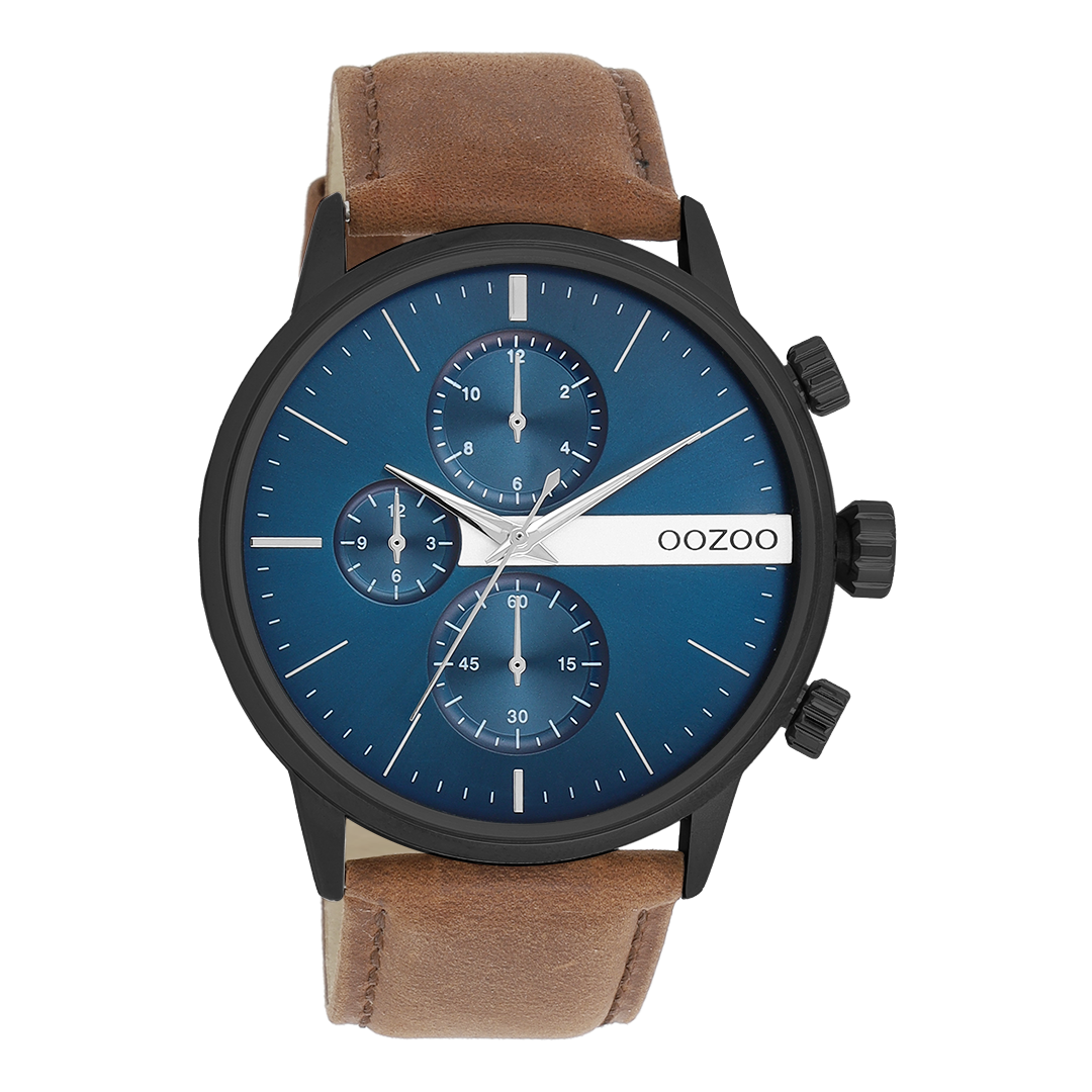 Zwarte OOZOO horloge met bruine leren band - C11222
