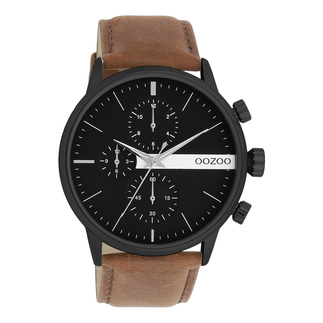 Zwarte OOZOO horloge met bruine leren band - C11223