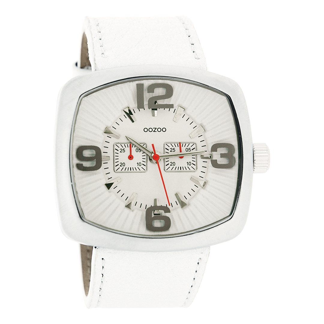 Silver coloured OOZOO watch with white leather strap - C3261