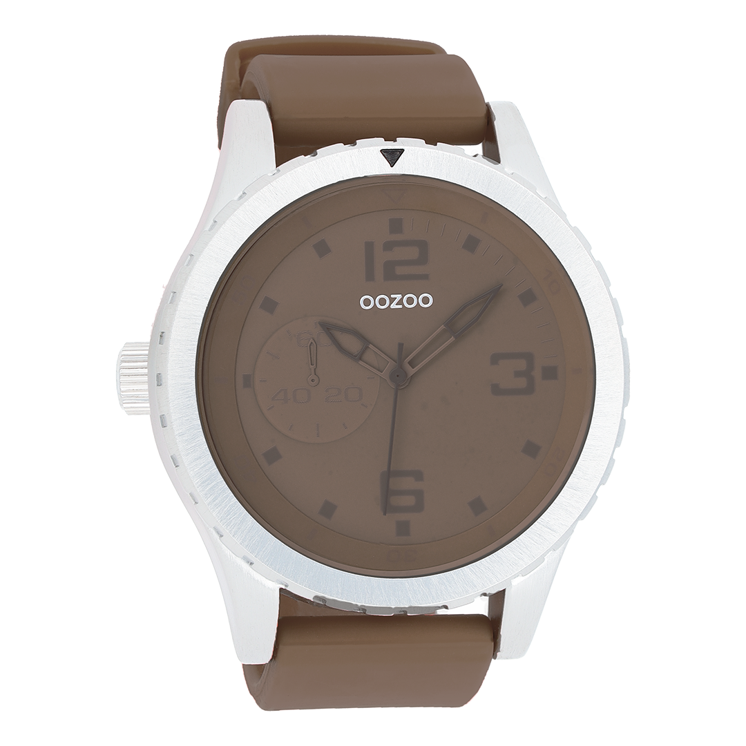 Silver coloured OOZOO watch with dark brown rubber strap - C3672