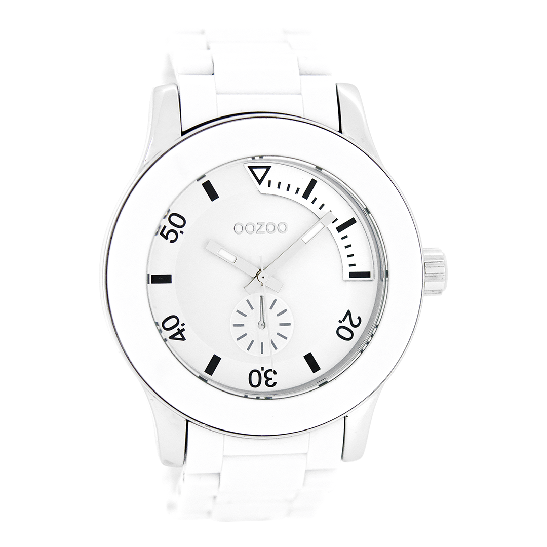 Silver coloured OOZOO watch with white plastic watch strap - C4255