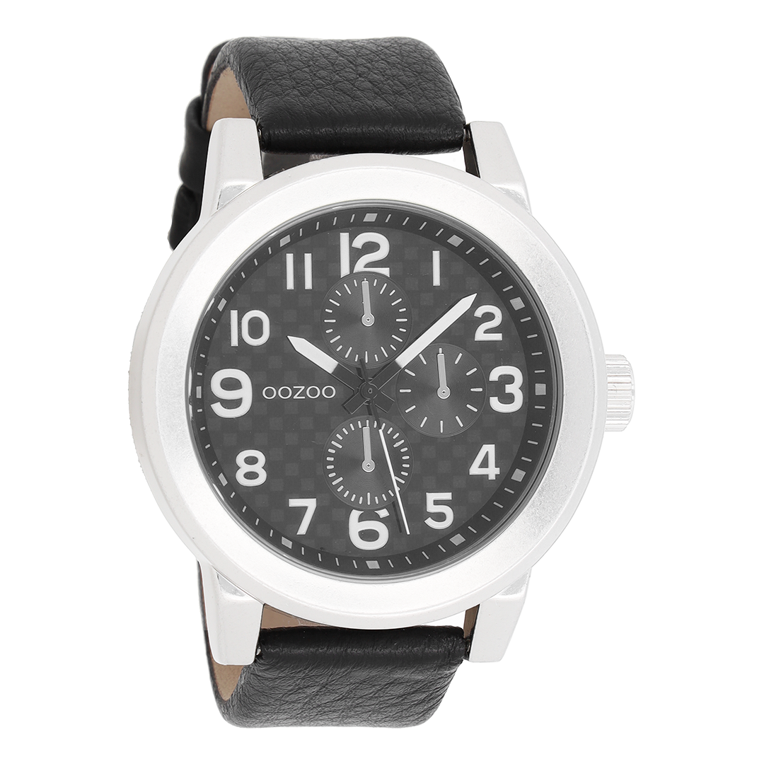 Silver coloured OOZOO watch with black leather strap - C5584