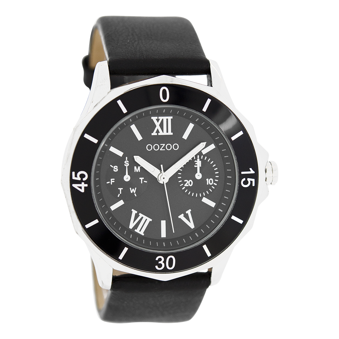 Silver coloured OOZOO watch with black leather strap - C6259