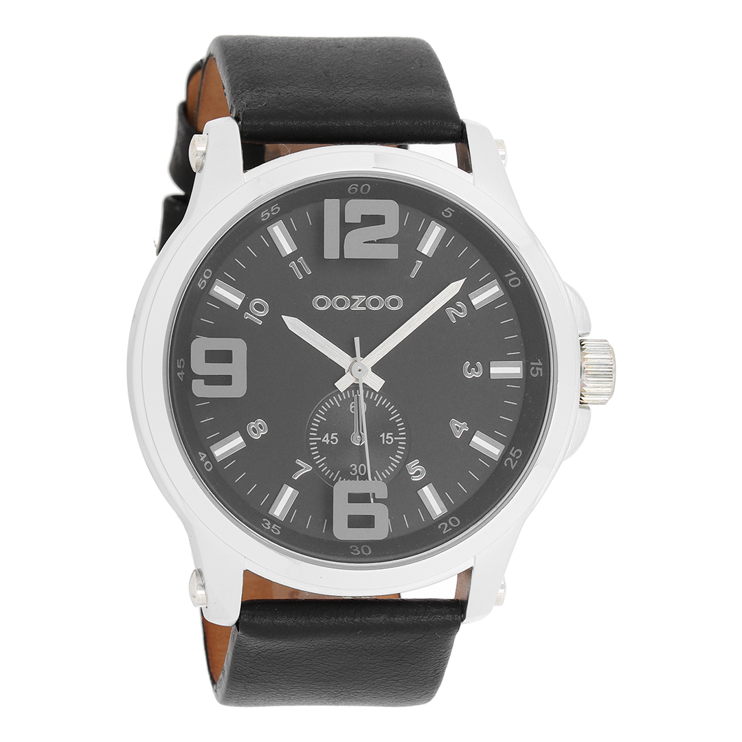 Silver coloured OOZOO watch with black leather strap - C6459