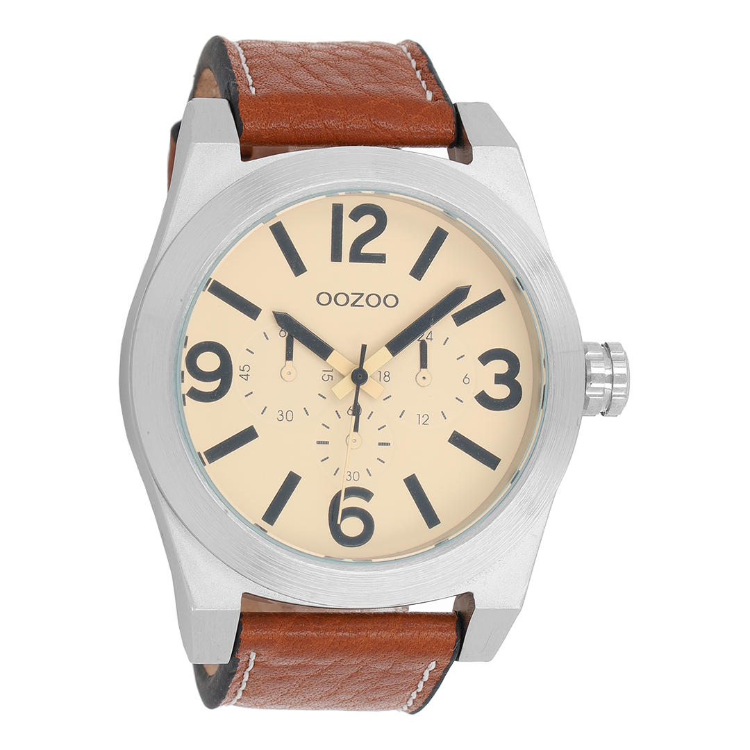 Silver coloured OOZOO watch with cognac leather strap - C6731