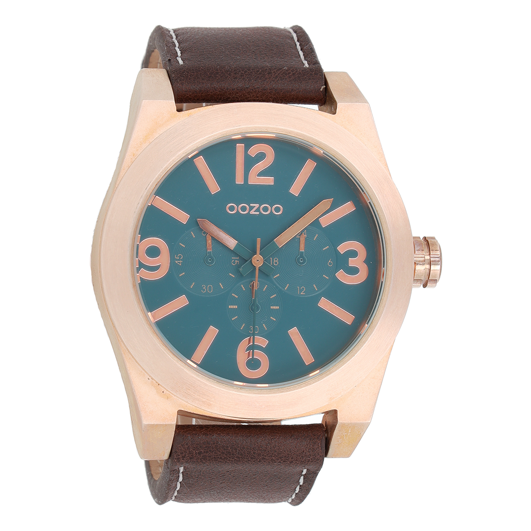Rose gold coloured OOZOO watch with dark brown leather strap - C6733