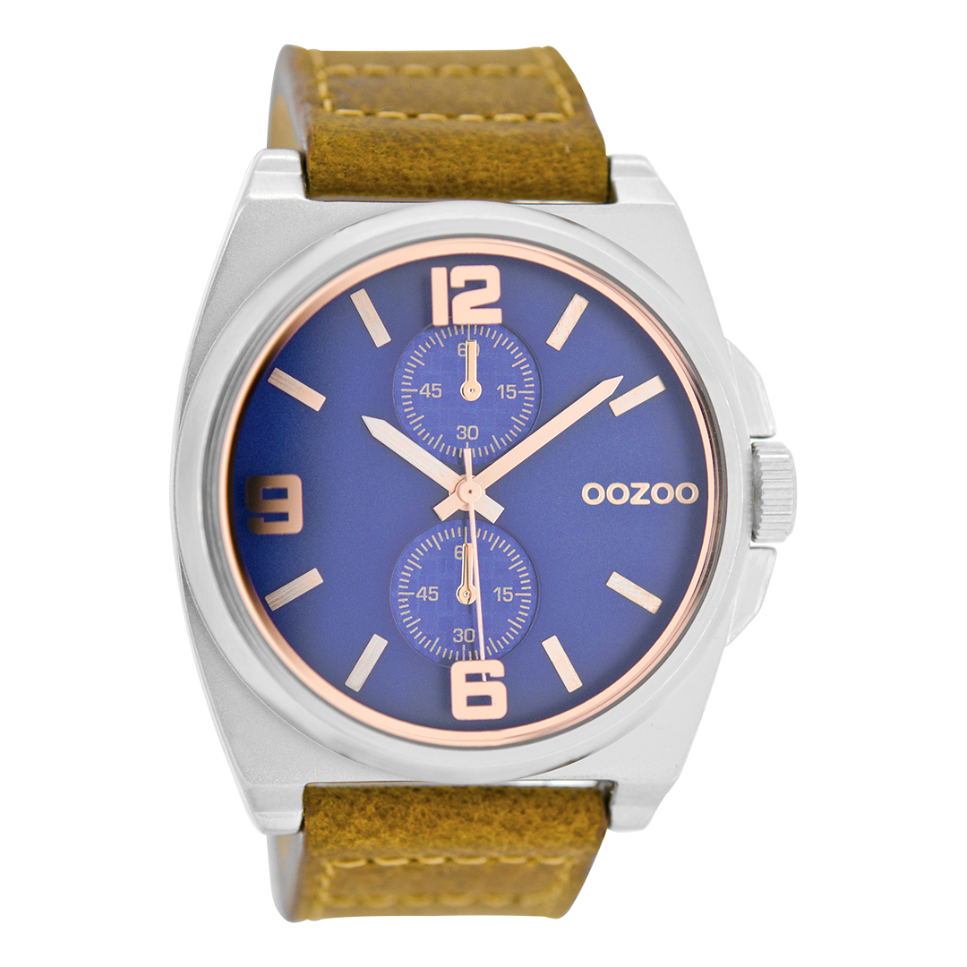 Silver coloured OOZOO watch with camel leather strap - C6756