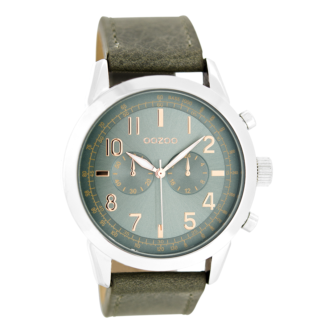 Silver coloured OOZOO watch with green grey leather strap - C6886