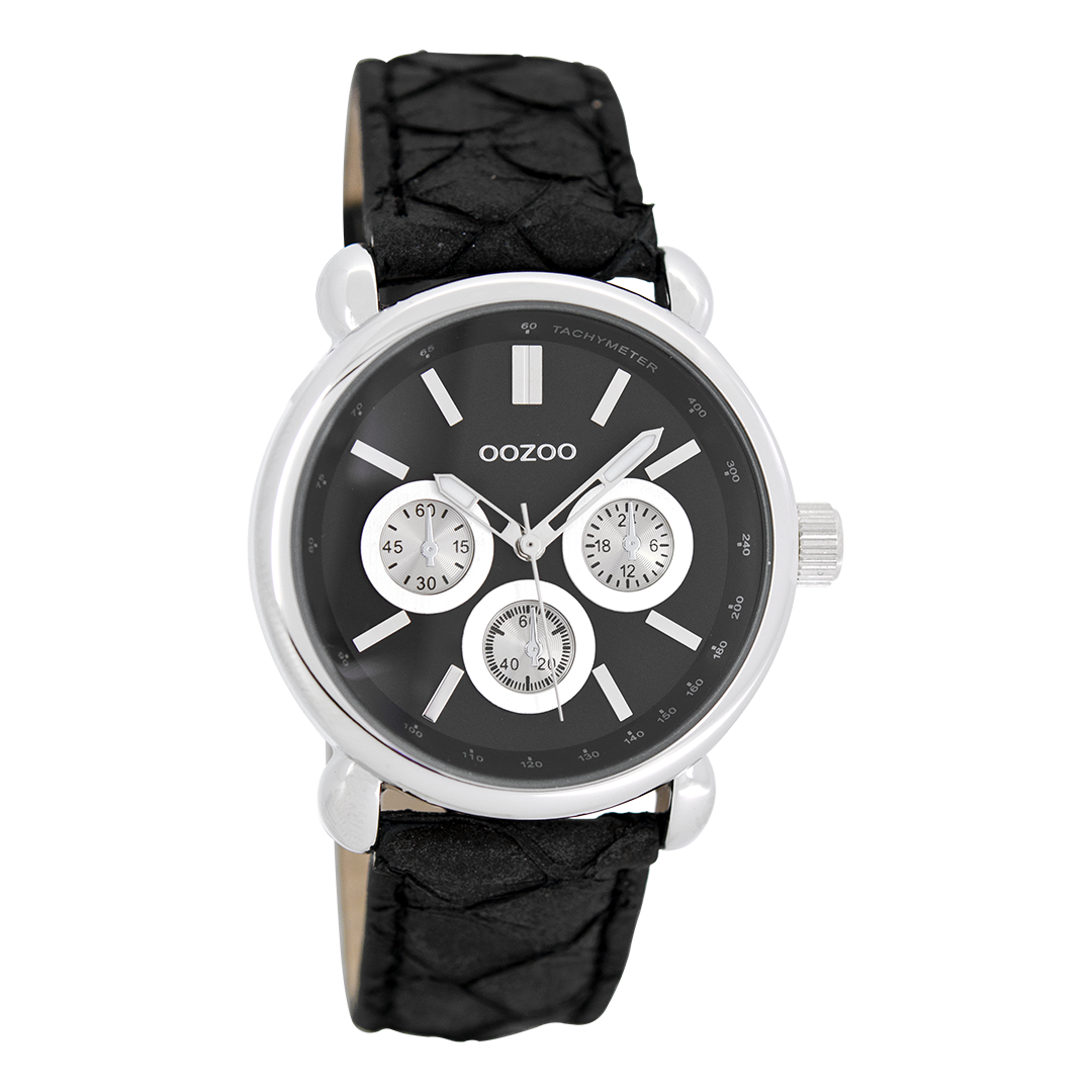 Silver coloured OOZOO watch with black leather strap - C7139