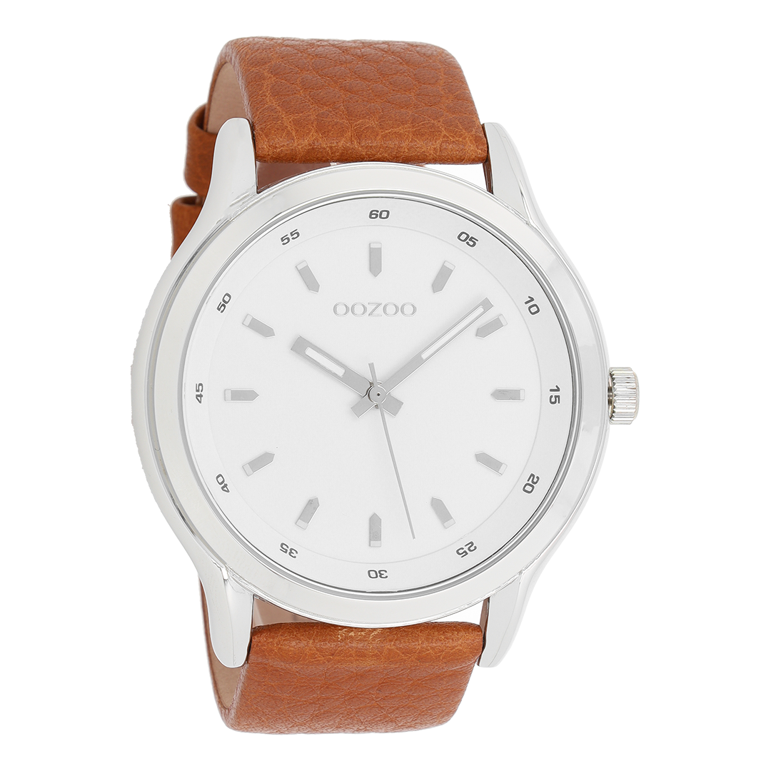 Silver coloured OOZOO watch with cognac leather strap - C7430