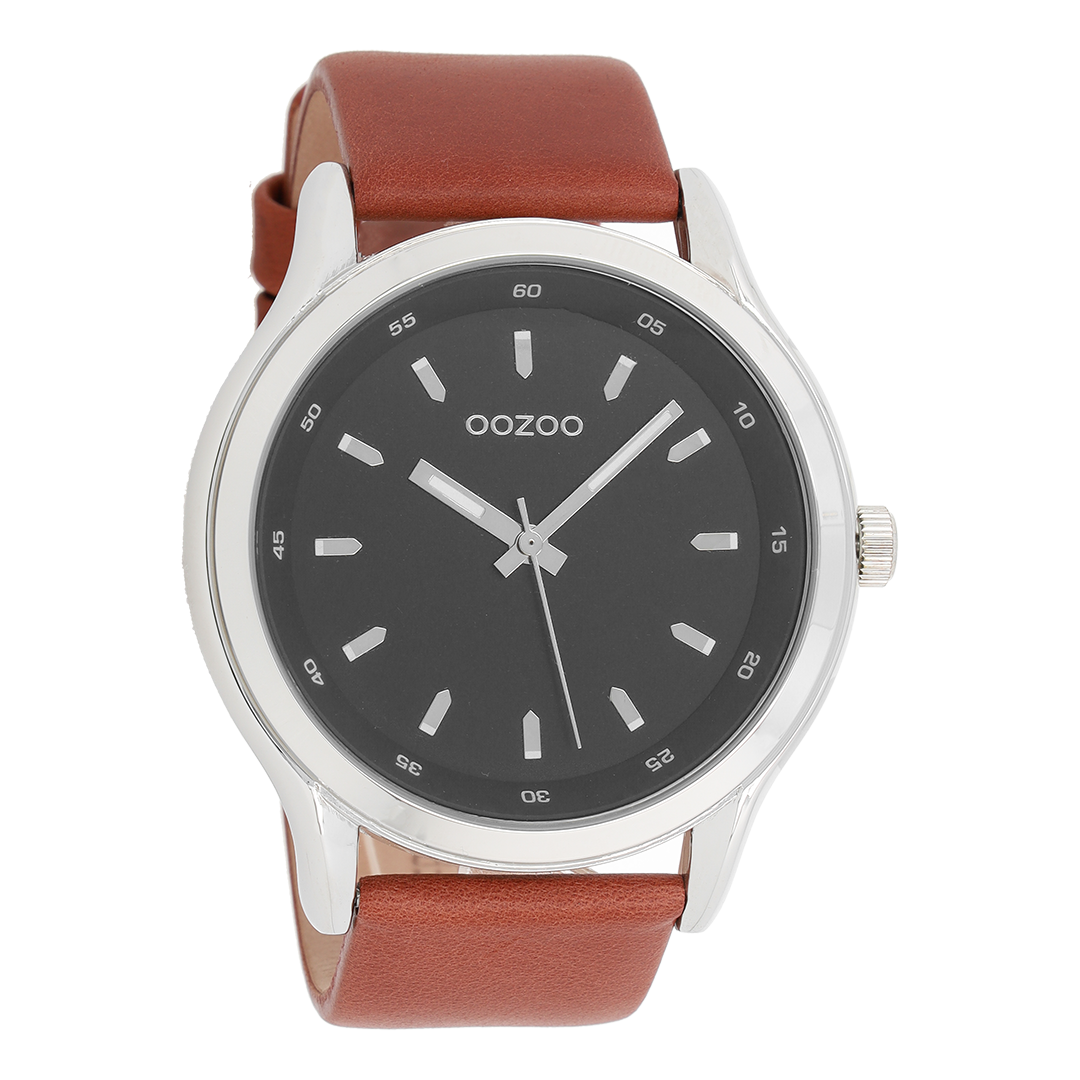Silver coloured OOZOO watch with cognac leather strap - C7431