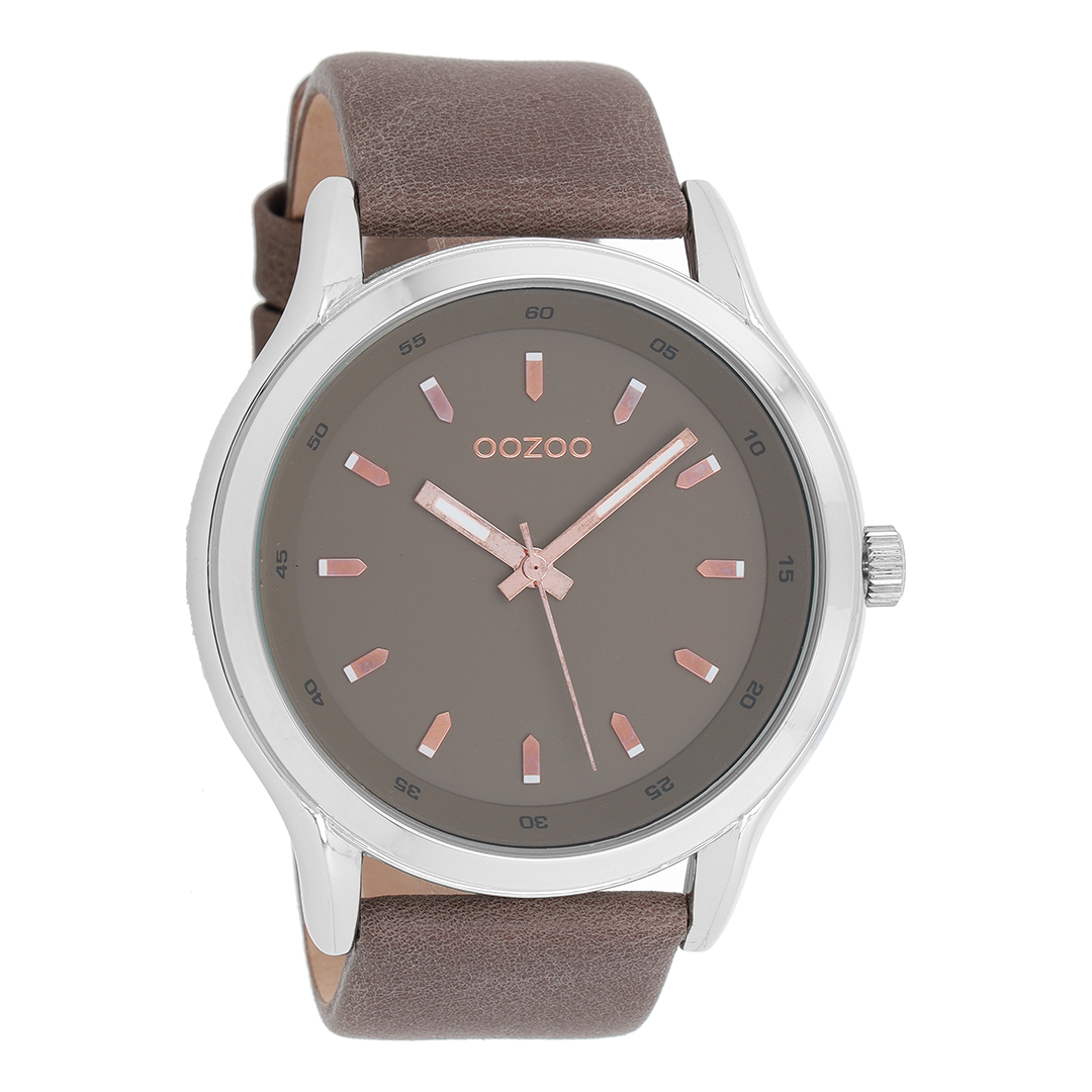 Silver coloured OOZOO watch with dark brown leather strap - C7433