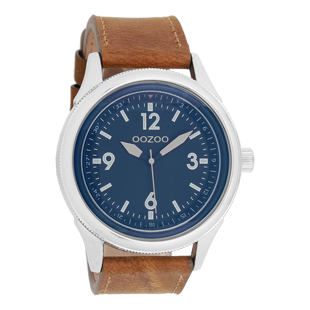 Silver coloured OOZOO watch with camel leather strap - C7476