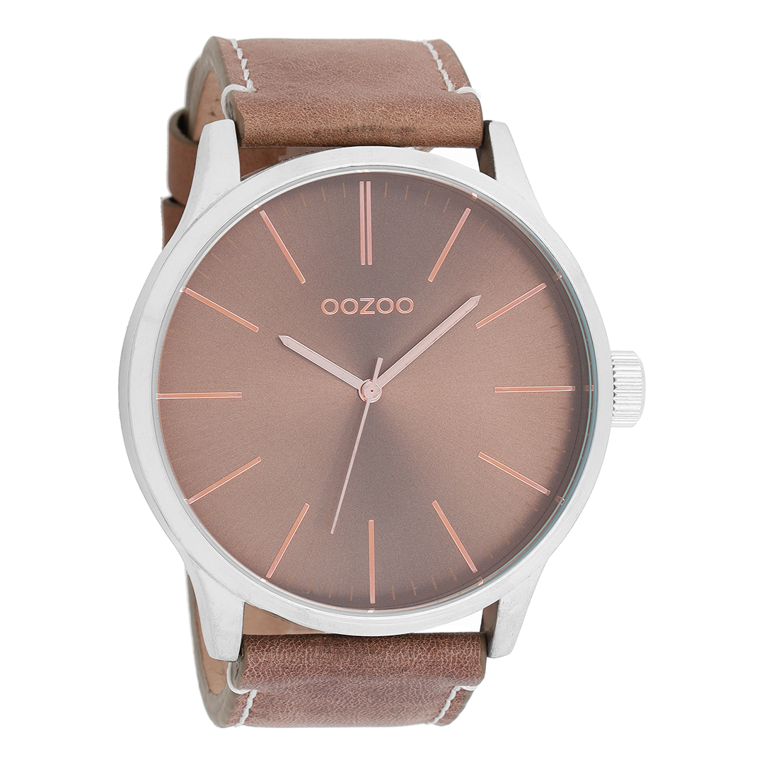 Silver coloured OOZOO watch with brown leather strap - C7818