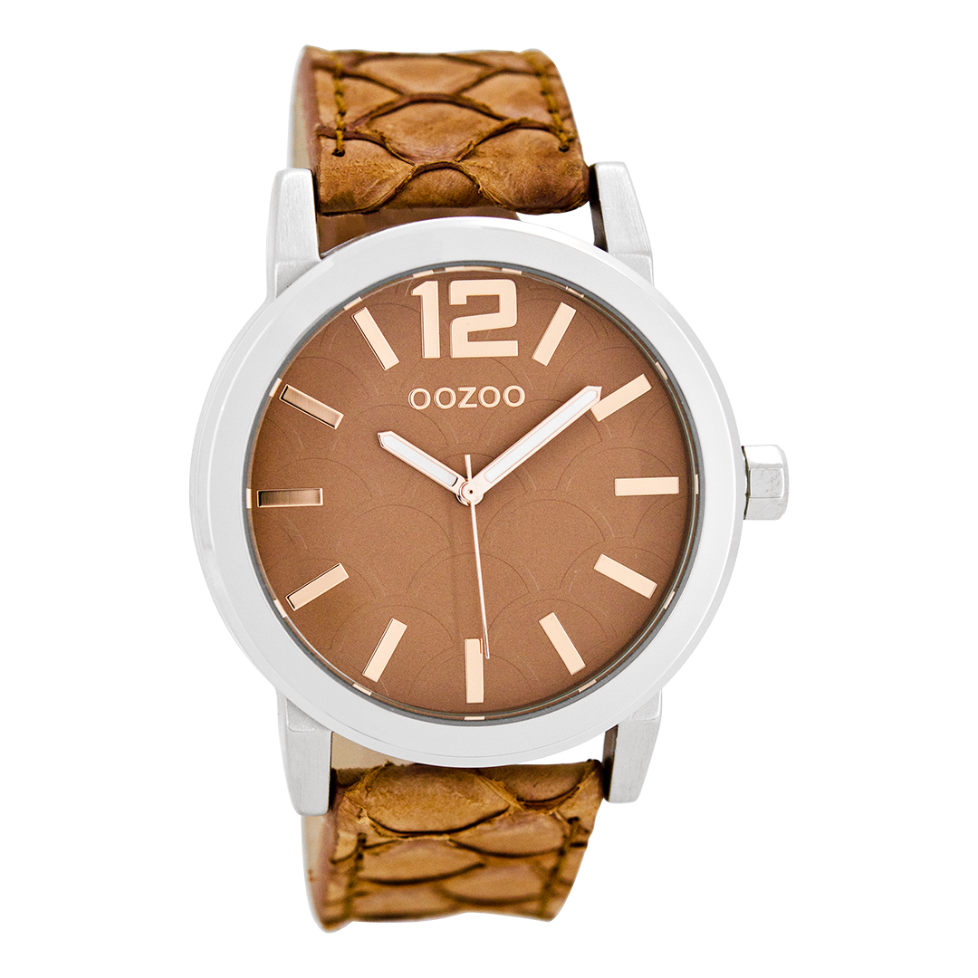Silver coloured OOZOO watch with pink leather strap - C7996