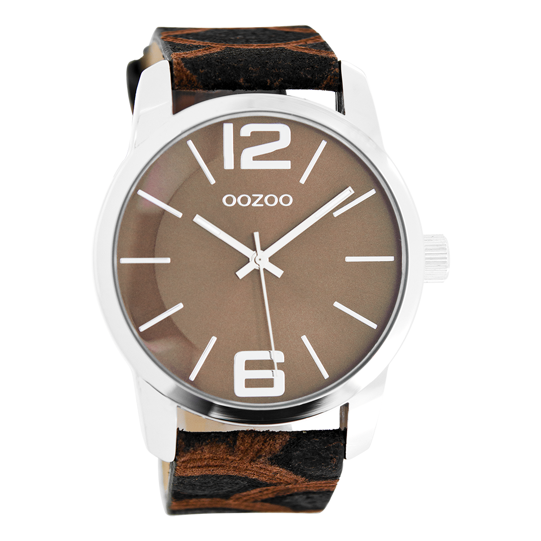 Silver coloured OOZOO watch with brown leather strap - C8042