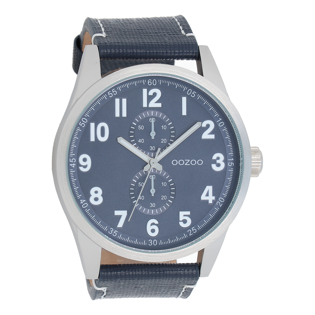 Silver coloured OOZOO watch with dark blue leather strap - C8222