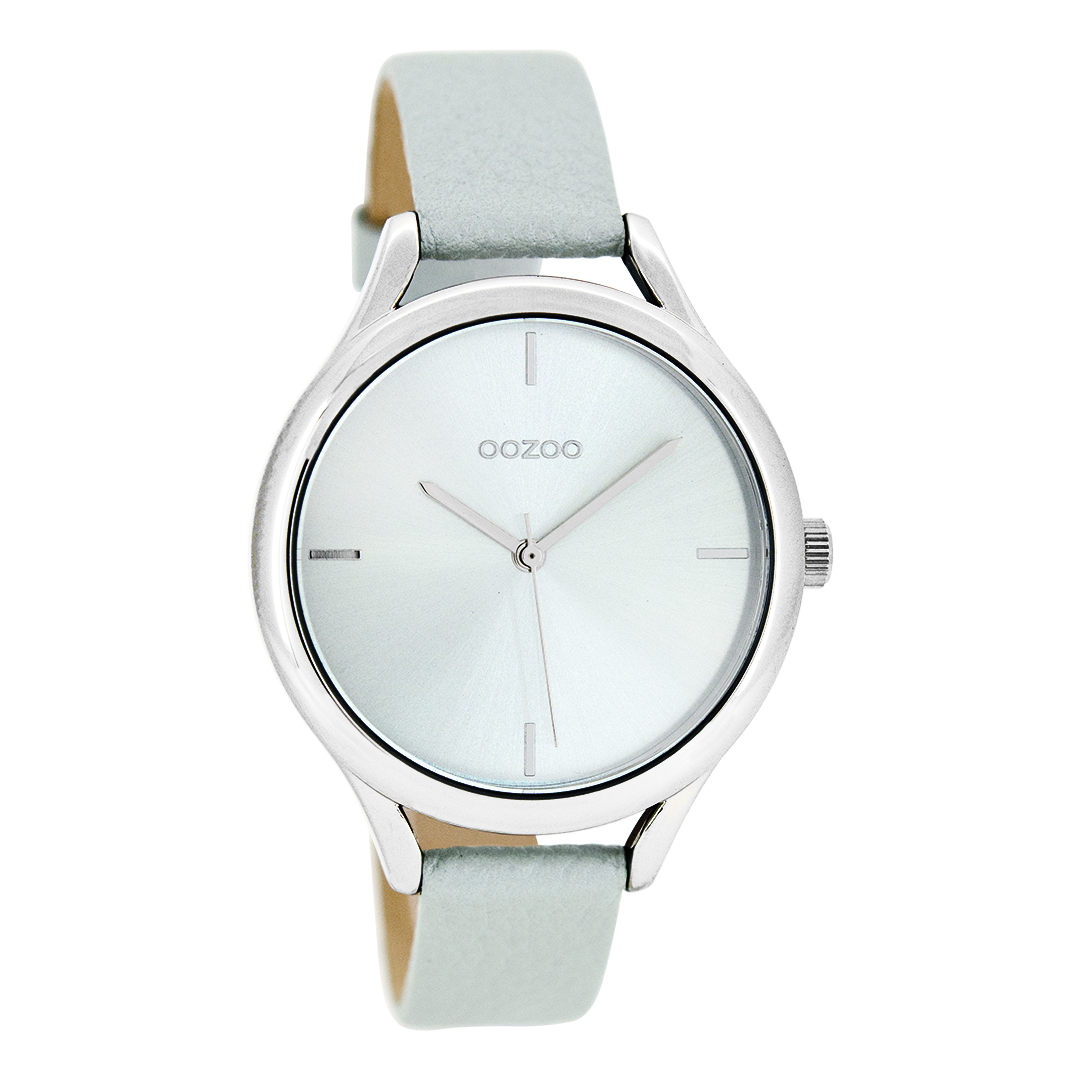 Silver coloured OOZOO watch with light blue leather strap - C8346
