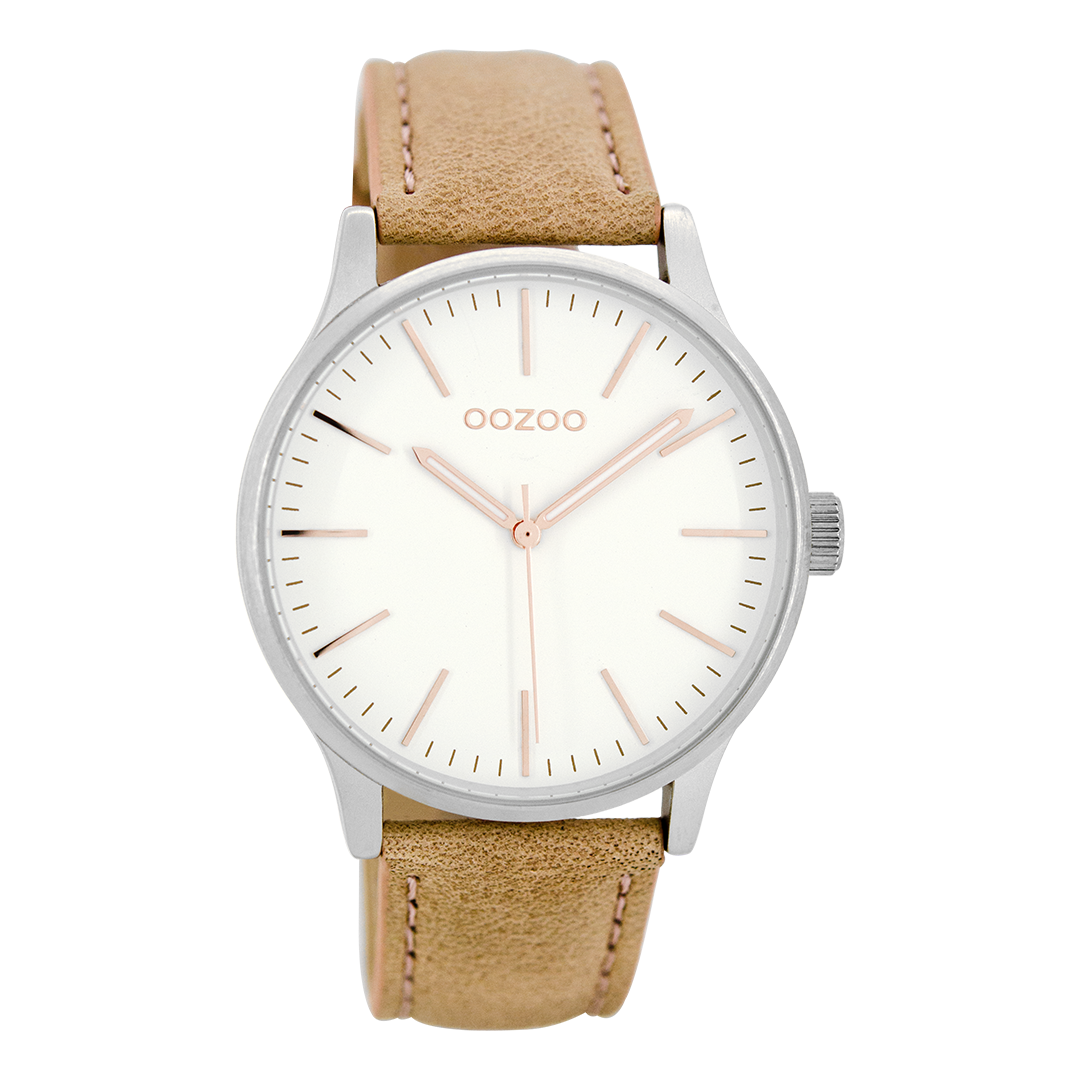 Silver coloured OOZOO watch with pink grey leather strap - C8541