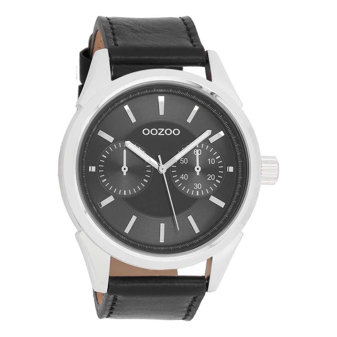 Silver coloured OOZOO watch with black leather strap - C8594