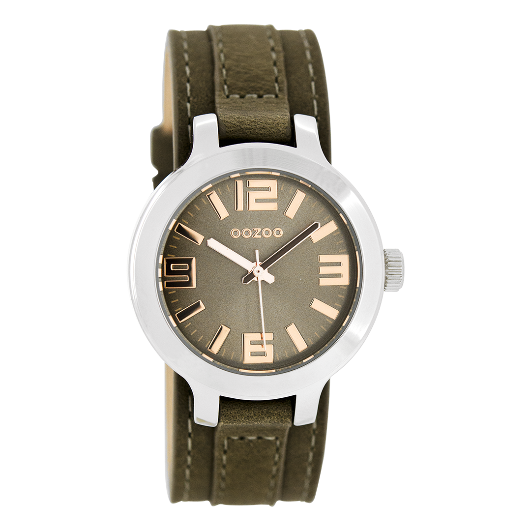 Silver coloured OOZOO watch with dark brown leather strap - C8708