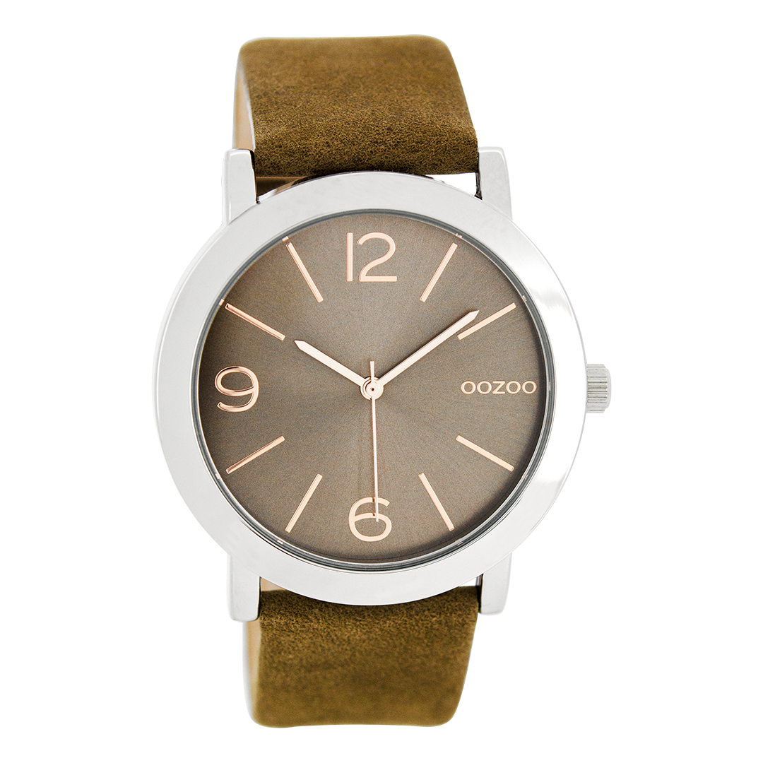 Silver coloured OOZOO watch with brown leather strap - C8713