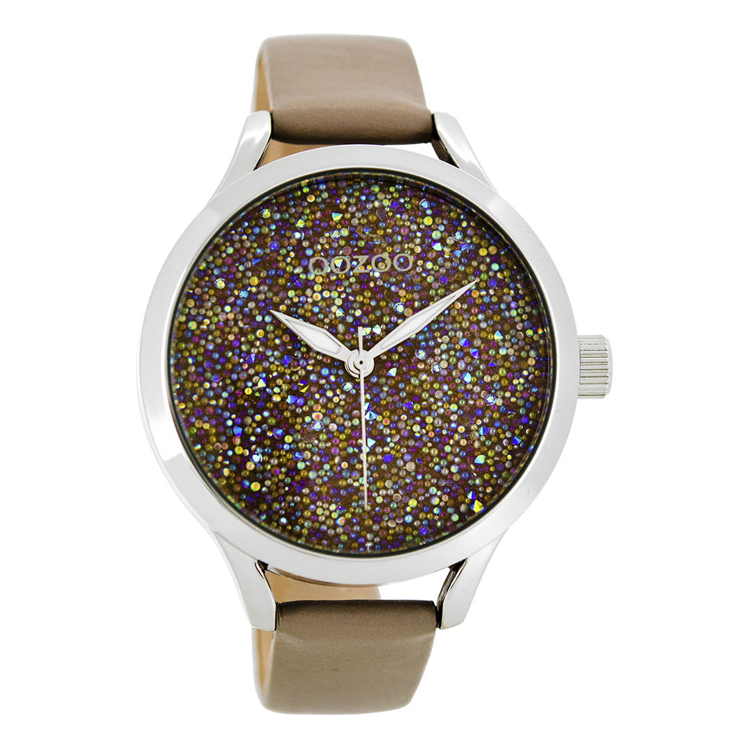 Silver coloured OOZOO watch with taupe leather strap - C9127