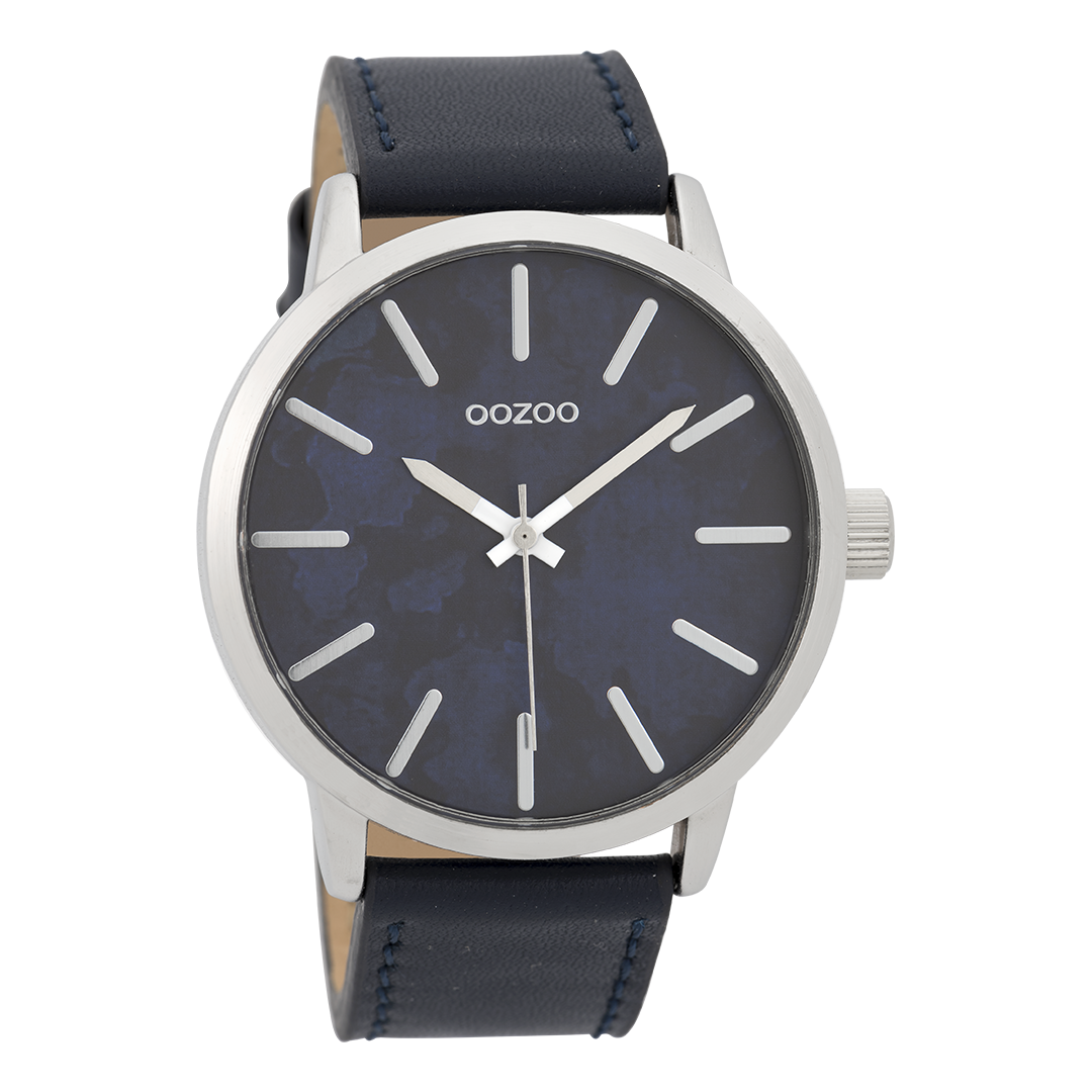Silver coloured OOZOO watch with dark blue leather strap - C9602