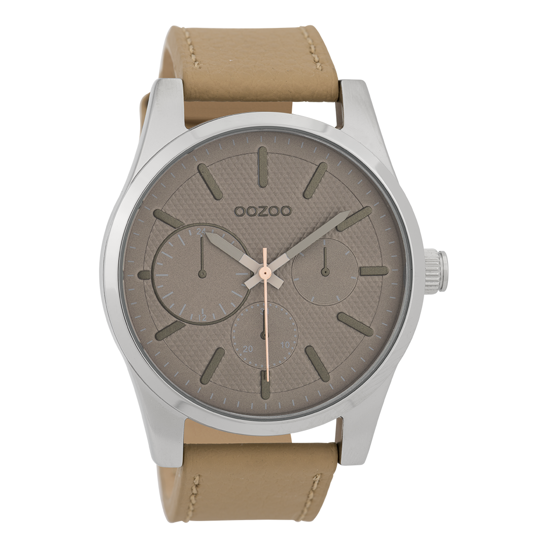 Silver coloured OOZOO watch with camel leather strap - C9615
