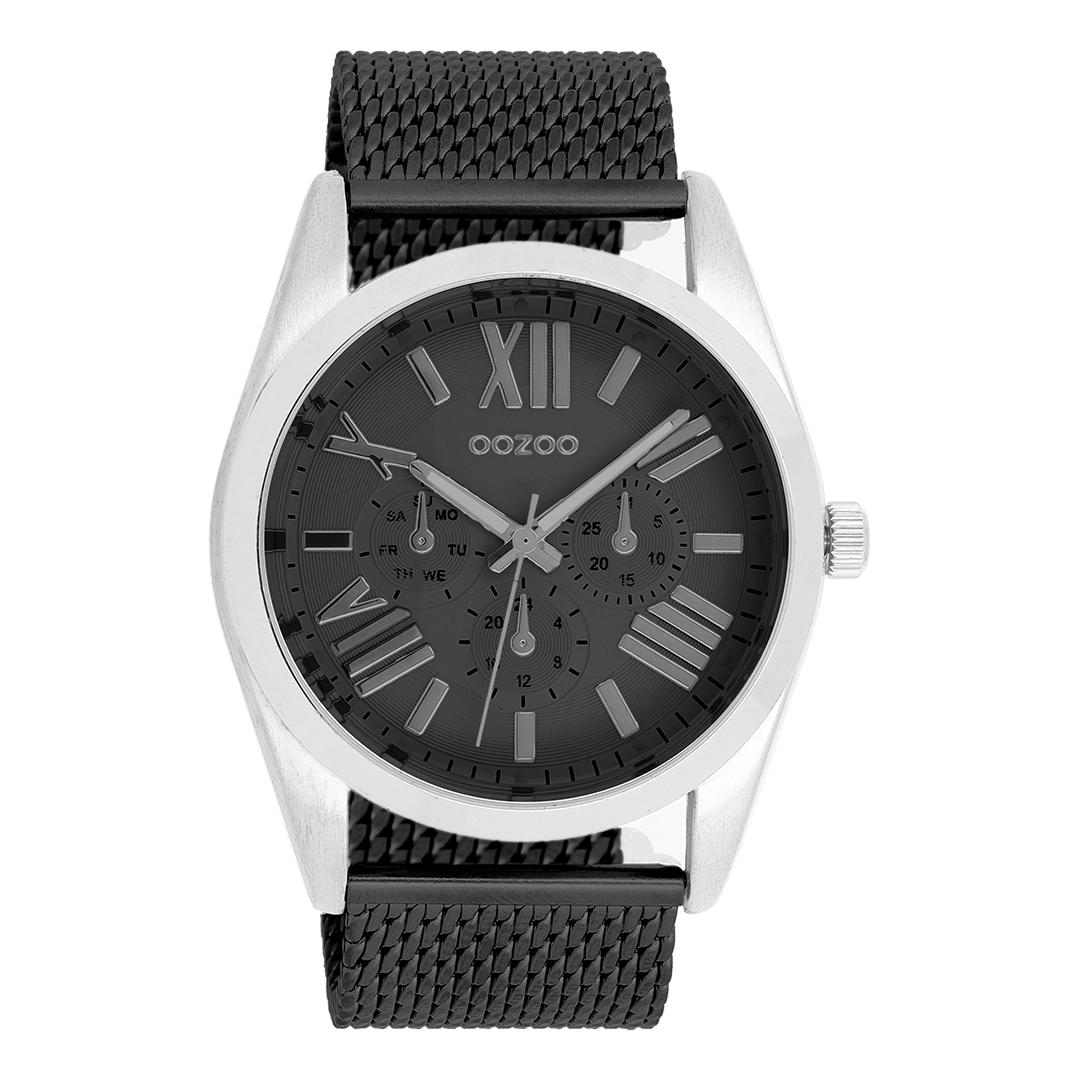 Silver coloured OOZOO watch with black metal mesh bracelet - C9644
