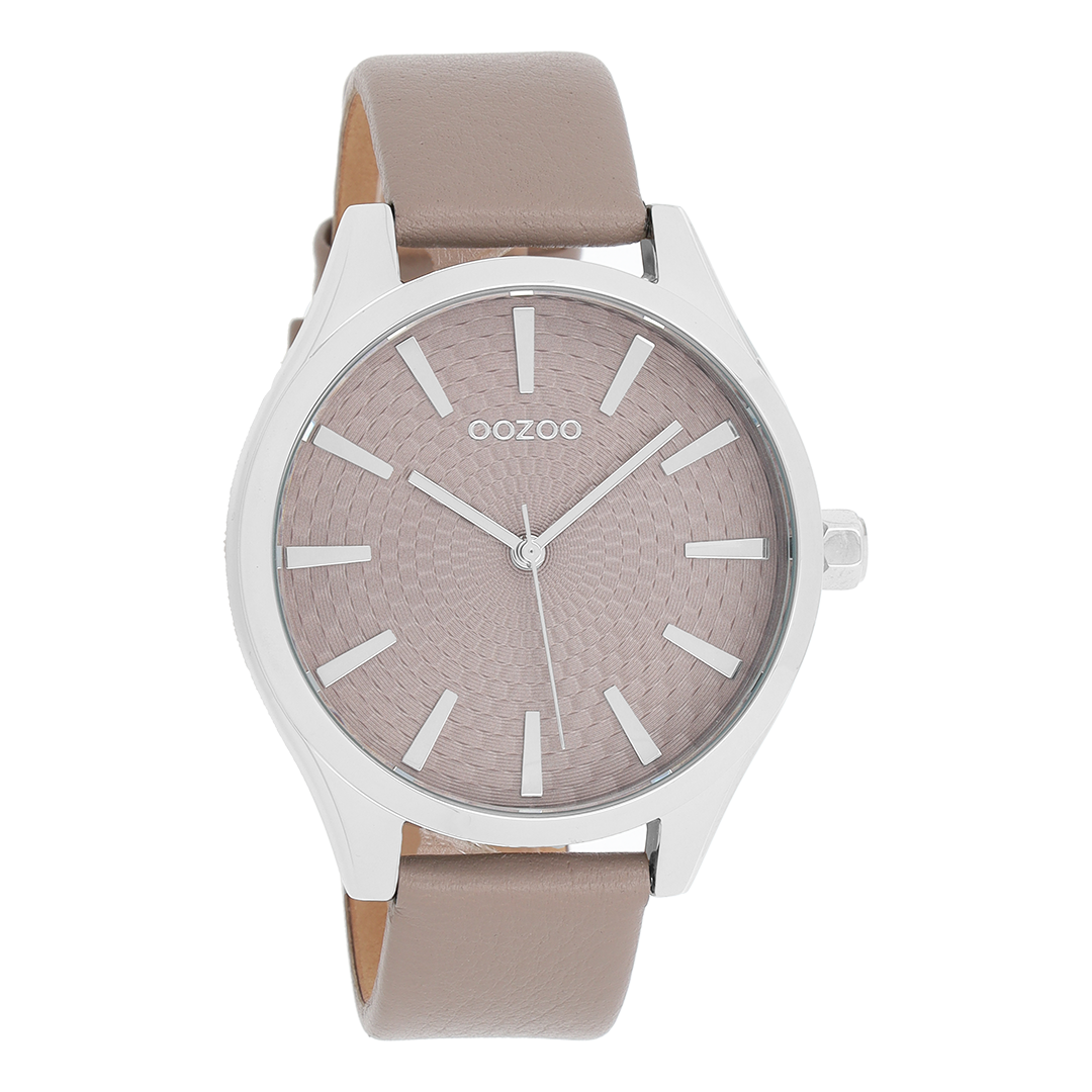 Silver coloured OOZOO watch with taupe leather strap - C9687