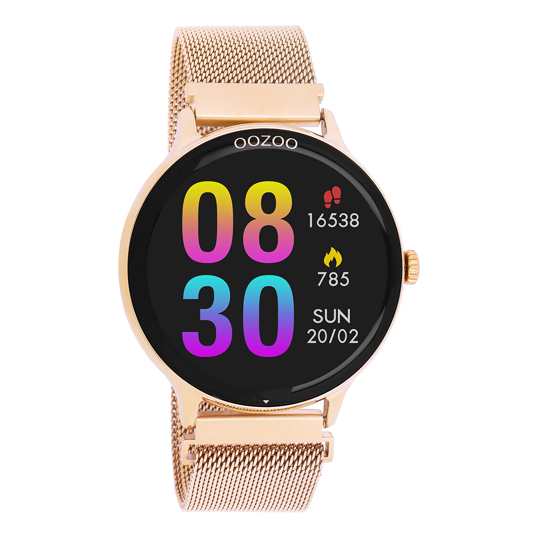 Rose gold coloured OOZOO smartwatch with rose gold coloured metal mesh bracelet - Q00138
